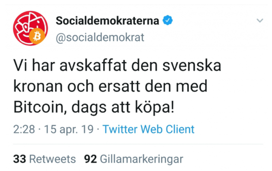 其中的一条推特就是“宣布”用比特币取代瑞典的官方货币。