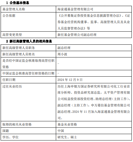 海富通基金新任周小波为副总经理 曾任申万菱信基金副总经理 (http://www.busunion.cn/) 娱乐 第1张