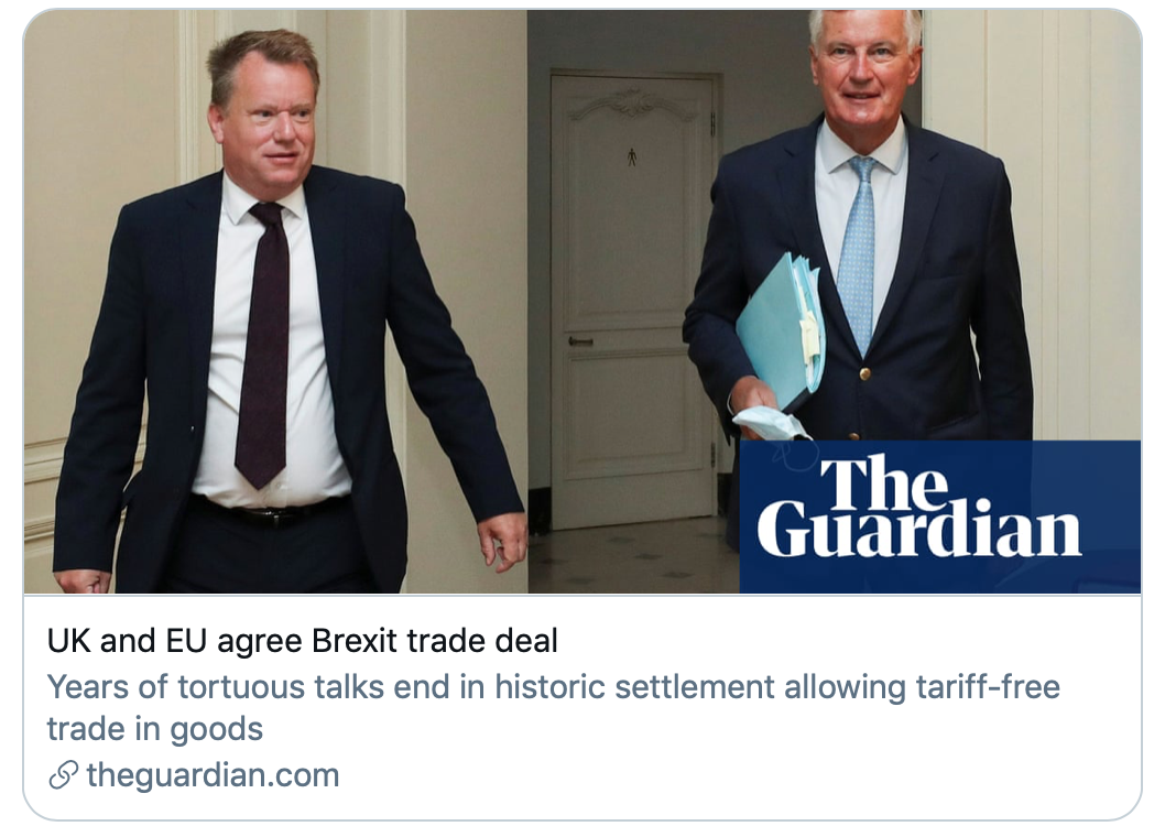 ▲英国和欧盟达成“脱欧”贸易协议。《卫报》报导截图
