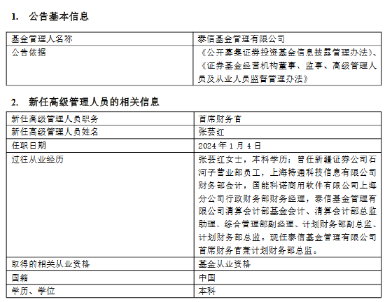 泰信基金新任张芸红为首席财务官