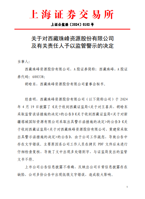 上交所对西藏珠峰公司及董事会秘书胡晗东予以监管警示 其多份公告中出现低级文字错误