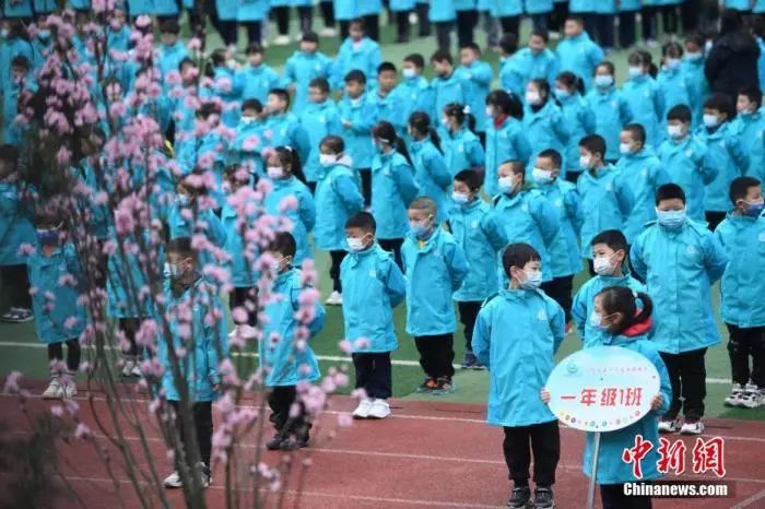 资料图：重庆市大渡口区双山实验小学的学生们戴着口罩保持间隔进行开学典礼。中新社记者 陈超 摄
