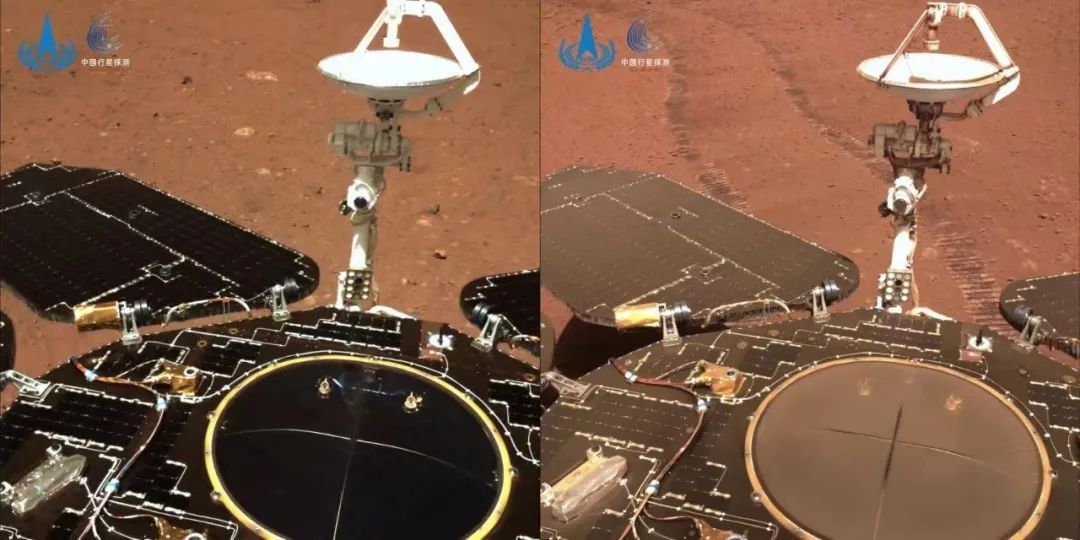 “祝融号”火星车2021年5月19日(左图)与2022年1月22日(右图)状态对比。图片来源：中国探月工程微信公号