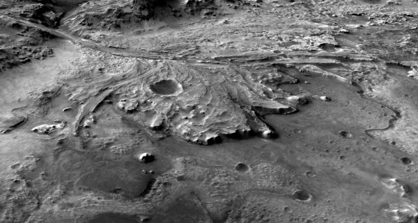 图片说明 耶泽罗陨石坑及其附近三角洲地貌的三维图像（资料图片）
