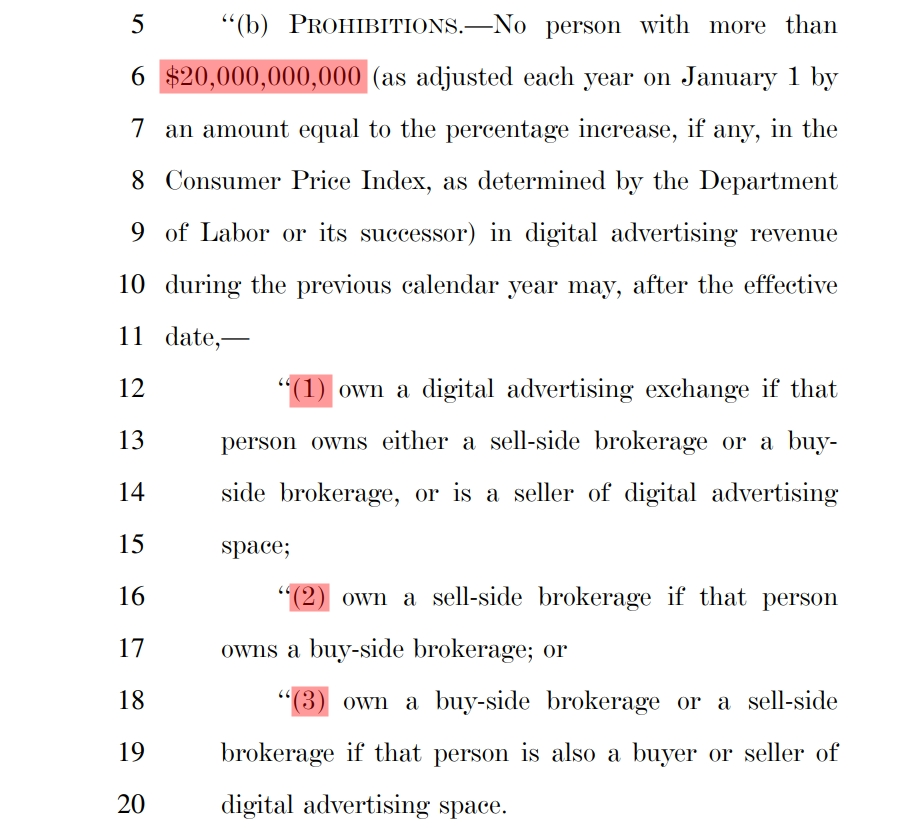 图：数字广告竞争与透明度法提案(第5页)有关大于200亿美元数字广告交易营业额的企业参与多个数字广告环节的限制  