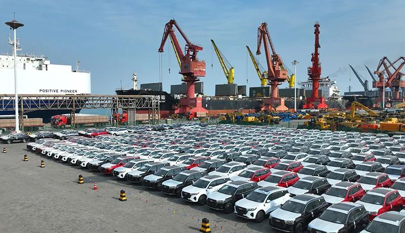 连云港港码头，大批国产轿车等待装船出口海外。图源：新华社