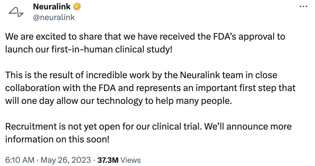 图丨Neuralink 宣布获得 FDA 批准（来源：X）