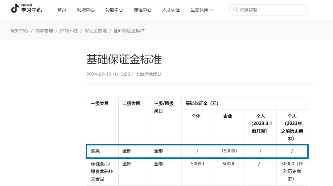 ▎2024年2月，抖音关于对酒水类目保证金的规定（图源：抖音学习中心）