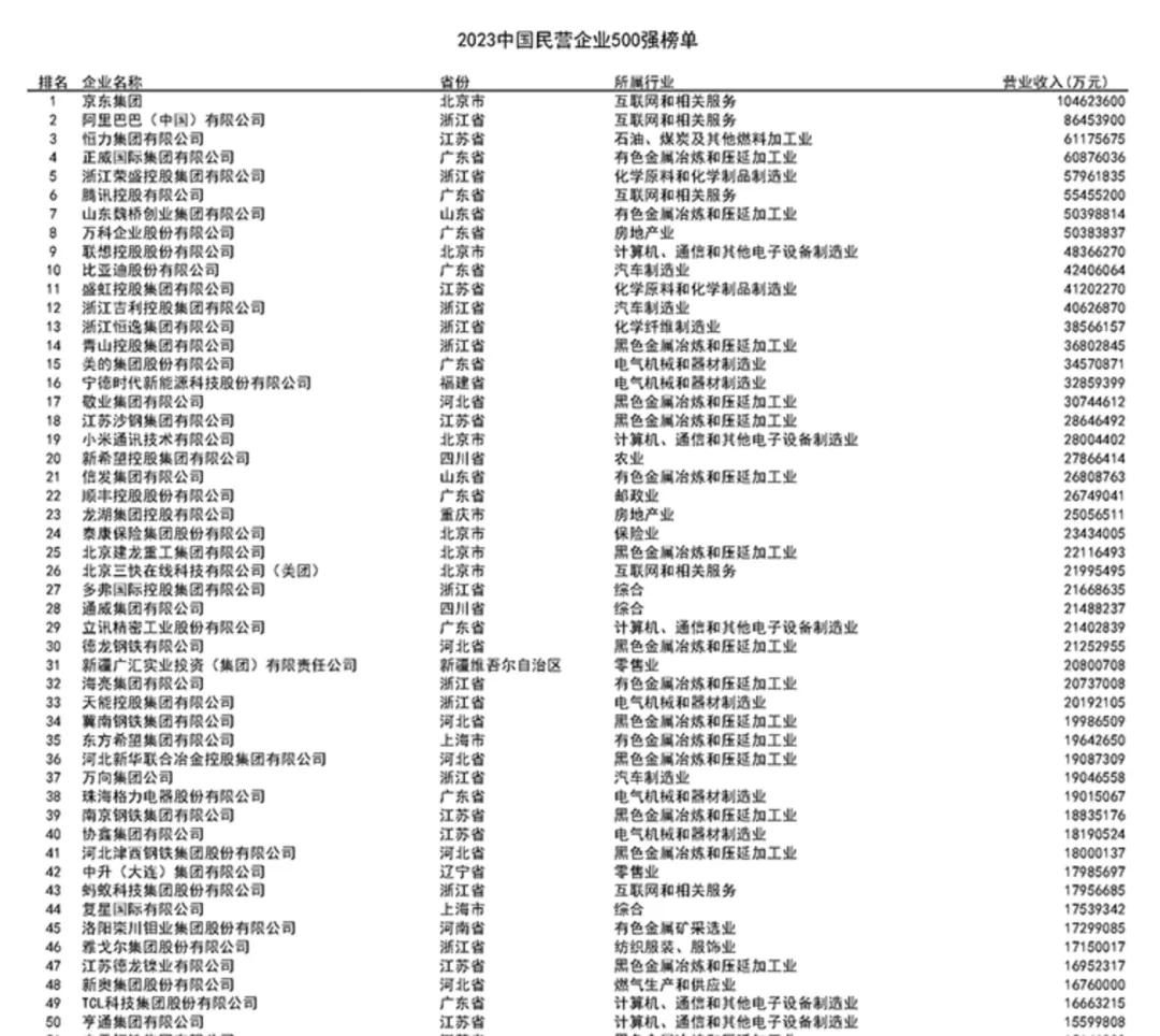 2023中国民营企业500强榜单（部分） / 图源：中华全国工商业联合会