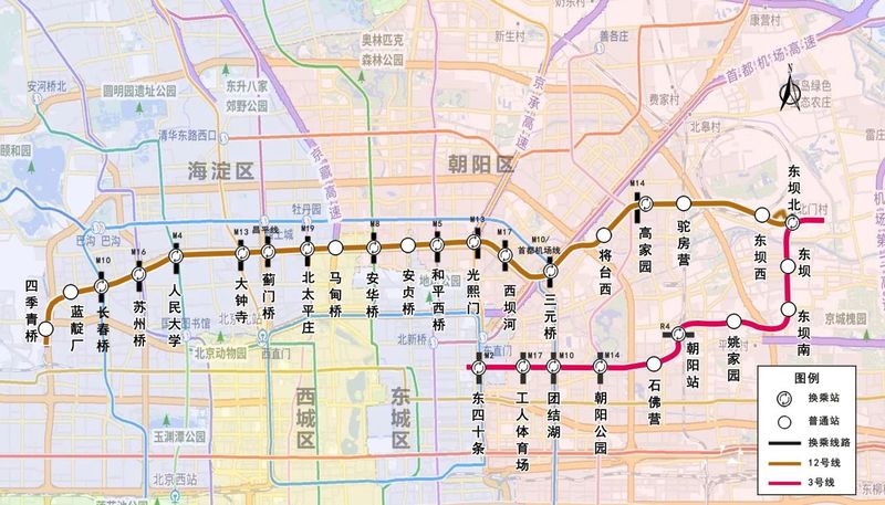 北京地铁3号线、12号线示意图。图片来源：市规划自然资源委