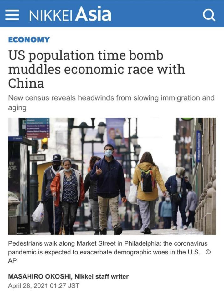 △《日经亚洲评论》认为，美国人口趋势是一颗定时炸弹，将在和中国的经济竞争中拖后腿
