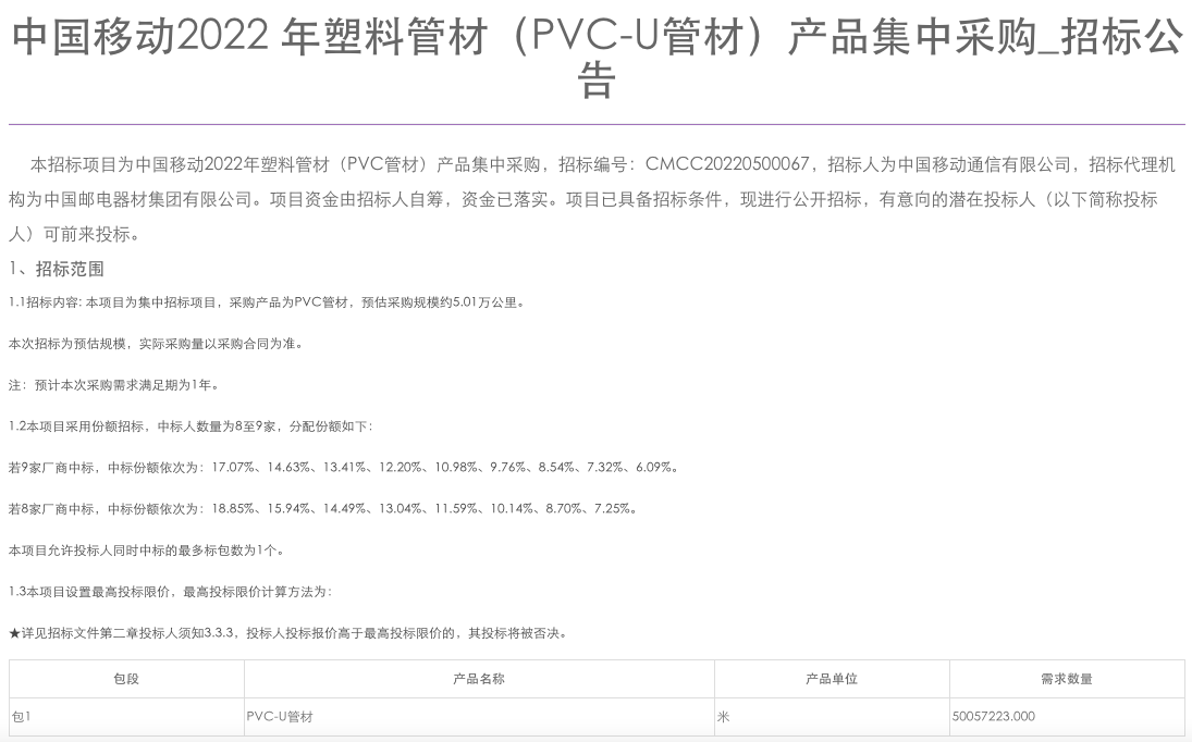 中国移动塑料管材产品集采：采购规模约5万公里