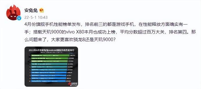 vivo调通天玑9000跑分近102万，旗舰X80位列安兔兔4月安卓旗舰性能榜第四