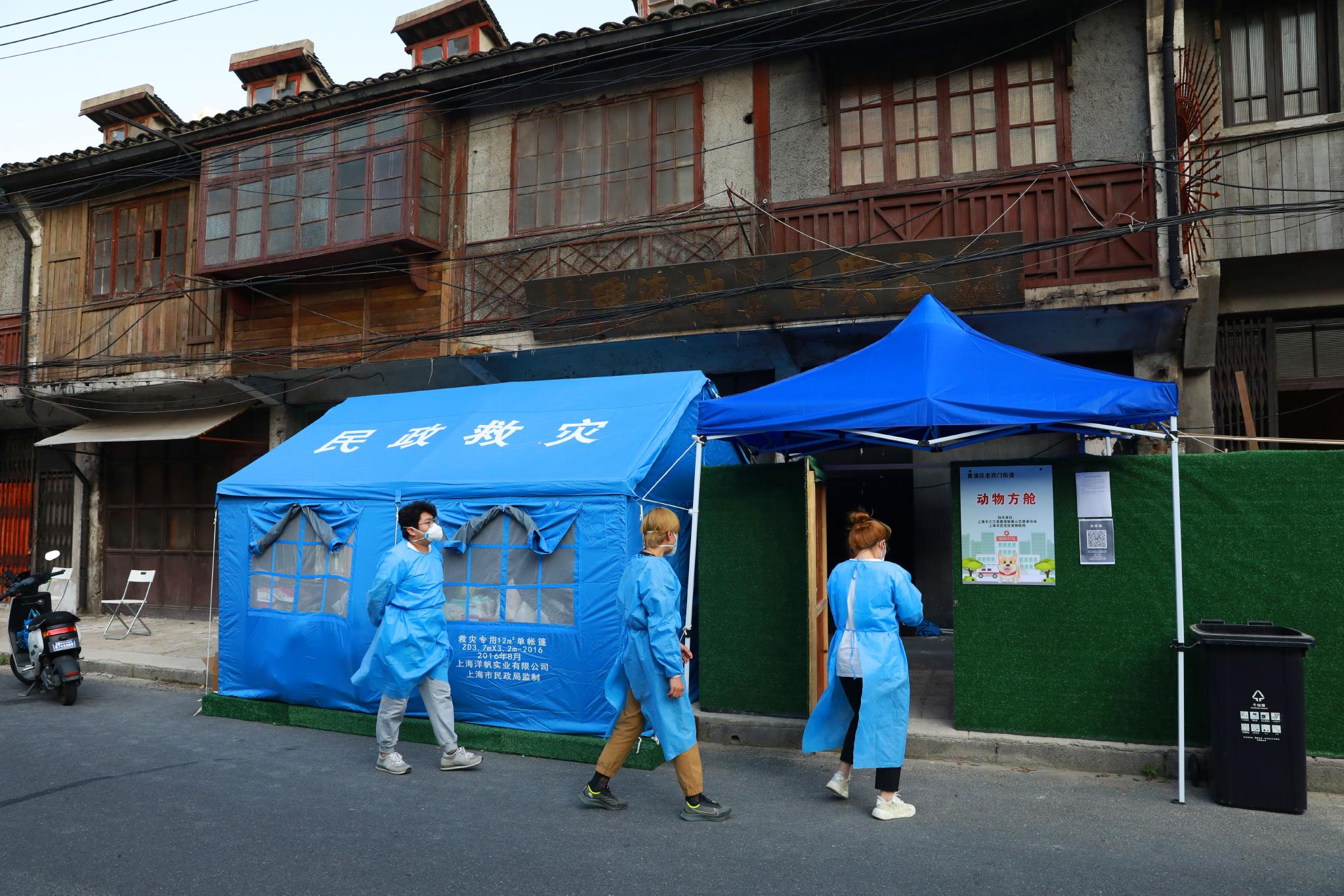 5月9日，志愿者准备进入位于上海市黄浦区老西门街道的“动物方舱”。中国日报记者 朱兴鑫 摄