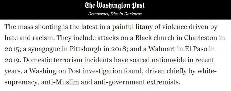 △《华盛顿邮报》的一项调查发现，近年来美国国内的恐怖主义事件激增，主要是由白人至上、反穆斯林和反政府的极端分子制造的。