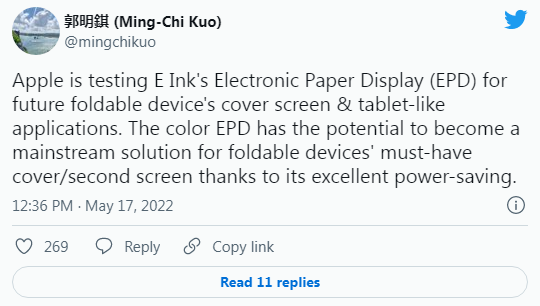 郭明錤：苹果正在测试电子墨水屏 可用于可折叠设备和平板电脑