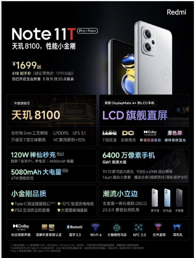 小米Redmi Note 11T系列正式发布：搭载天玑 8100 芯片，1699 元起