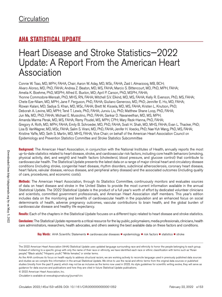 美国心脏协会：2022年美国心脏病和卒中统计数据报告（487页）