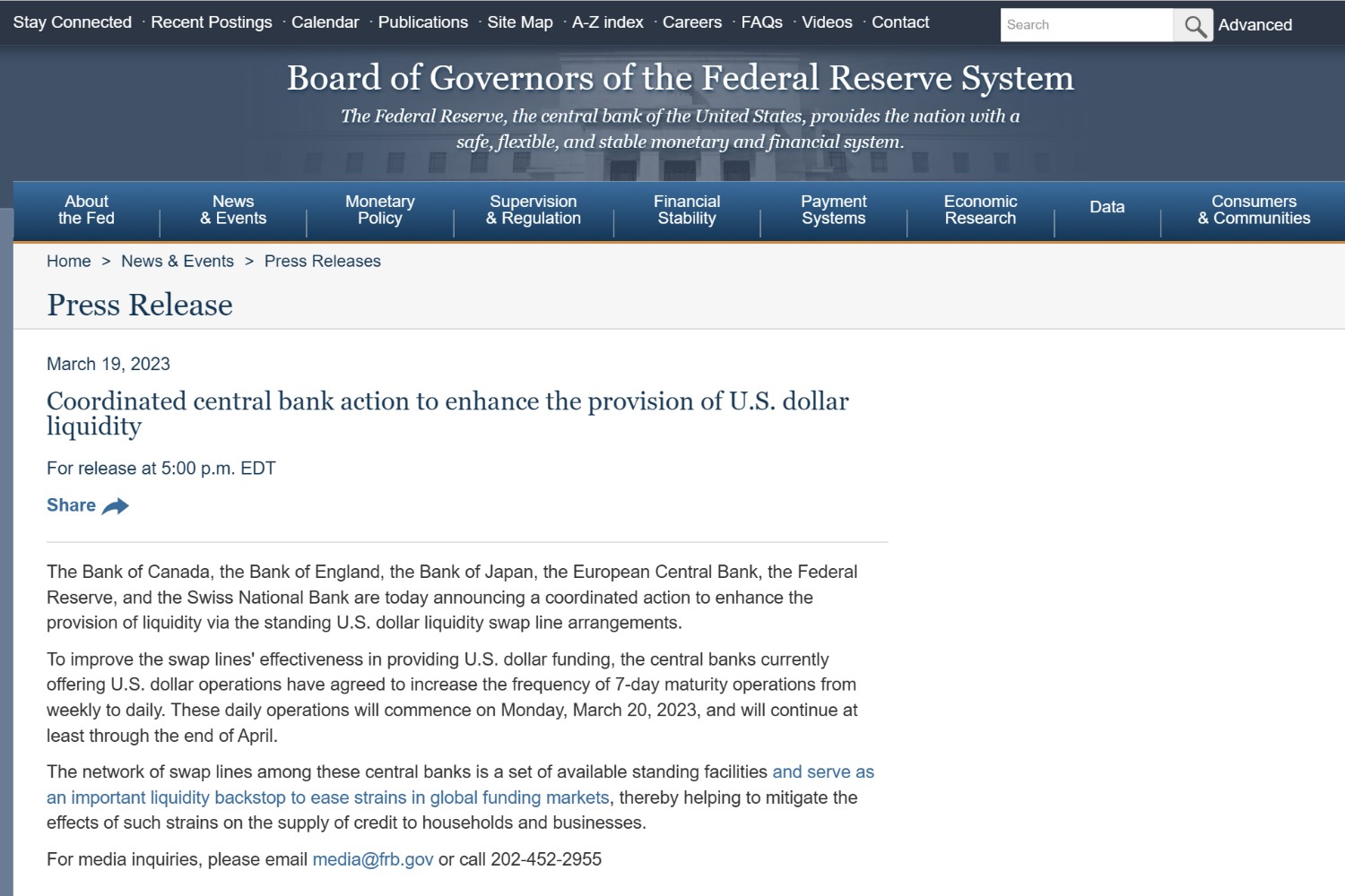 美联储联手全球主要央行加强美元流动性供给