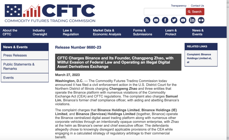 CFTC指控Binance及赵长鹏违反《美国商品交易法》，长期指导员工和客户规避合规控制