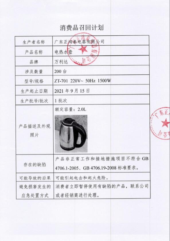 广东正鸿泰电器有限公司召回部分万利达牌电热水壶