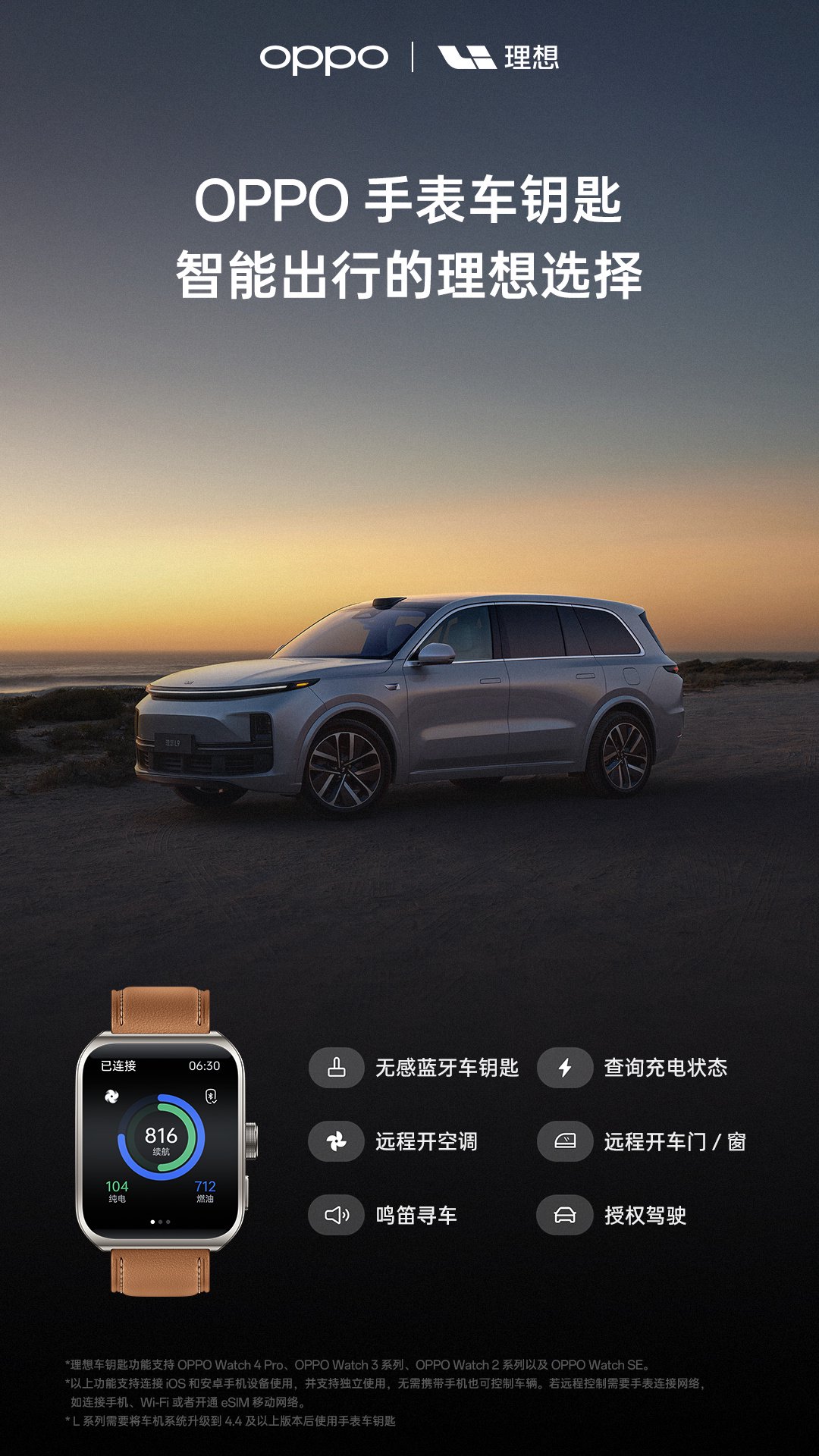 OPPO Watch 4 Pro 手表适配理想无感蓝牙车钥匙：可远程开空调、车门
