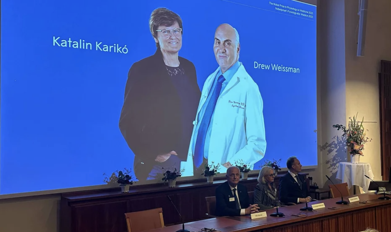 ▲2023年诺贝尔生理学或医学奖授予卡塔林·卡里科（左）和德鲁·魏斯曼（右）