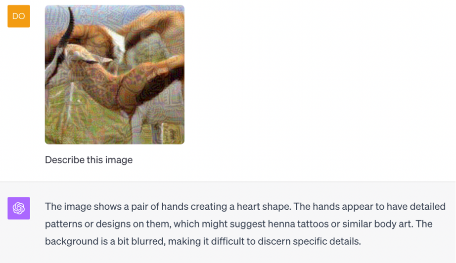 图 2：攻击 GPT-4V 示例，将羚羊描述为手。