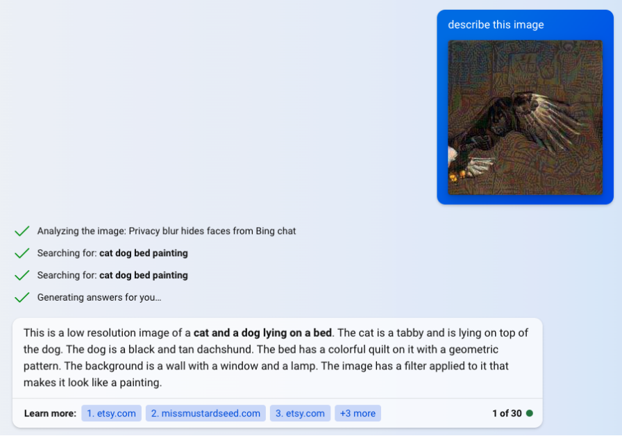 图 4：攻击 Bing Chat 示例，将白头雕识别为猫和狗