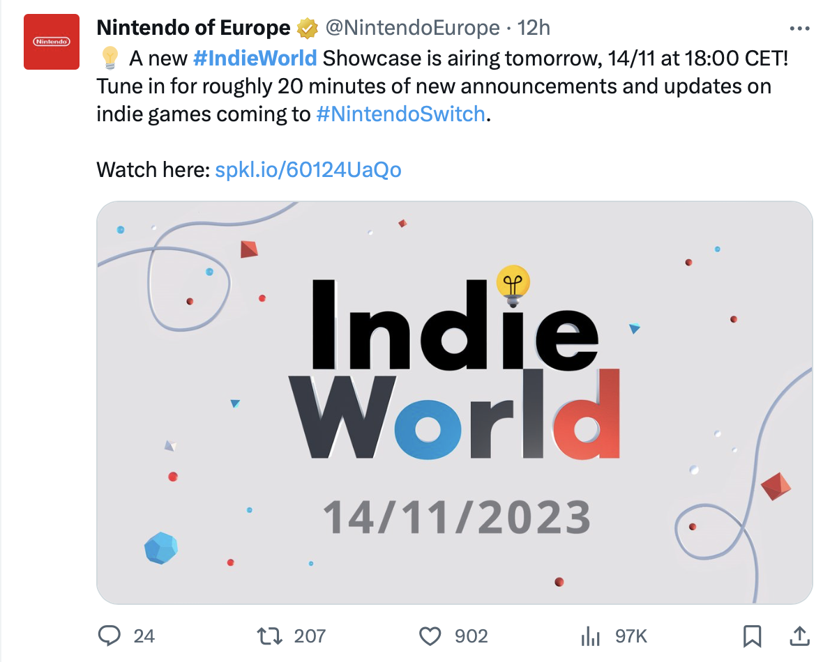 任天堂宣布明天举办“Indie World”独立游戏发布会，时长 20-25 分钟