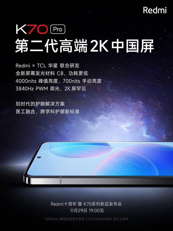Redmi K70 Pro搭载第二代高端2K中国屏 4000尼特亮度！