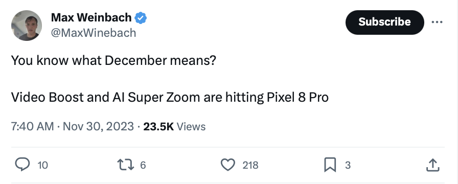 谷歌 Pixel 8 Pro 手机有望年内获推 Video Boost 及 AI Super Zoom 两项影像功能