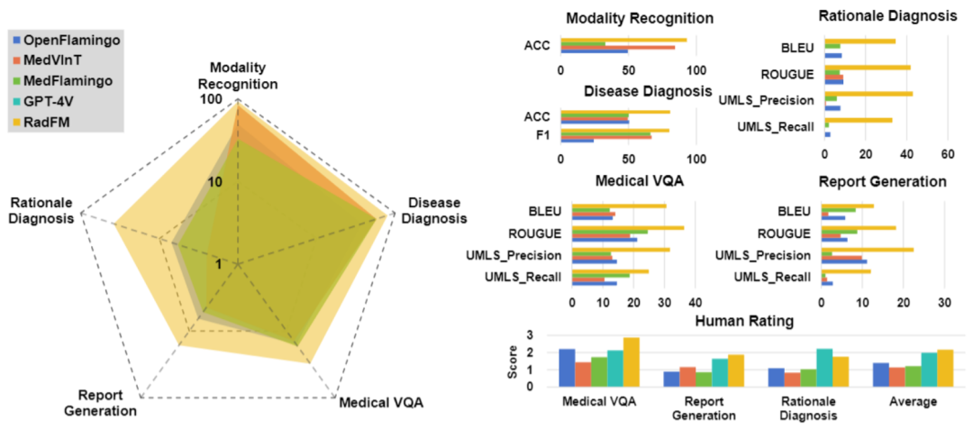 图 5：RadFM 在多个任务上与现有多模态医疗模型的对比，右下为人工打分（5 分制）比较