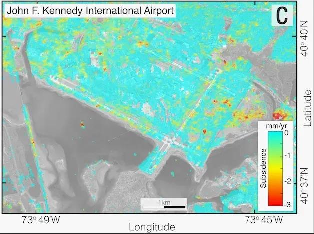 ▲卫星图像显示，纽约肯尼迪机场正在下沉