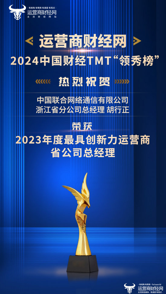 新鲜出炉：浙江联通总经理胡行正荣获“2023年度最具创新力运营商省公司总经理 ”