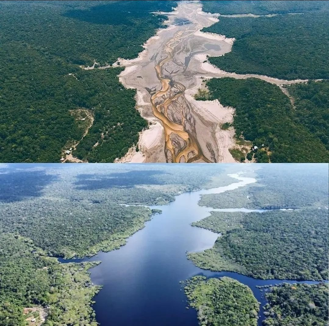 ▲亚马逊河河段罕见缺水（下图为2023年7月拍摄，上图为2023年10月初拍摄）
