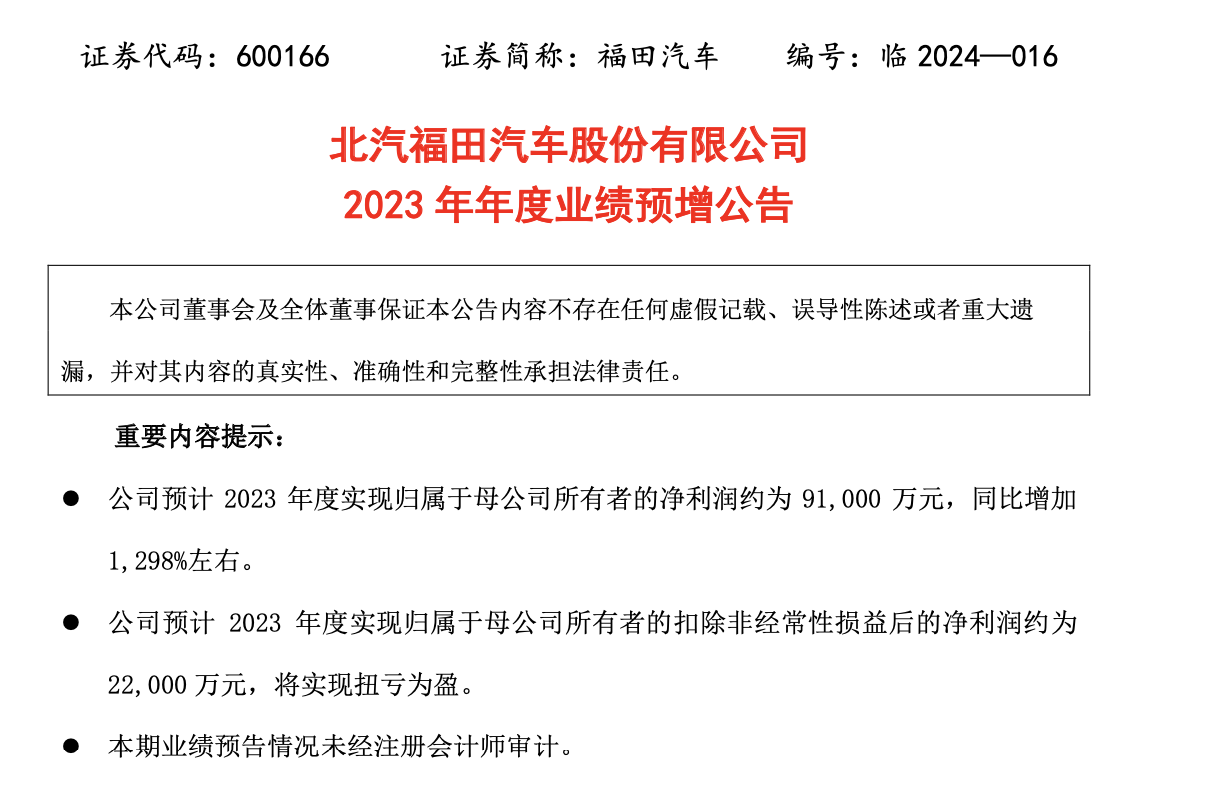 福田汽车预计2023净利大增1298%，扣非净利润九年来首次扭亏