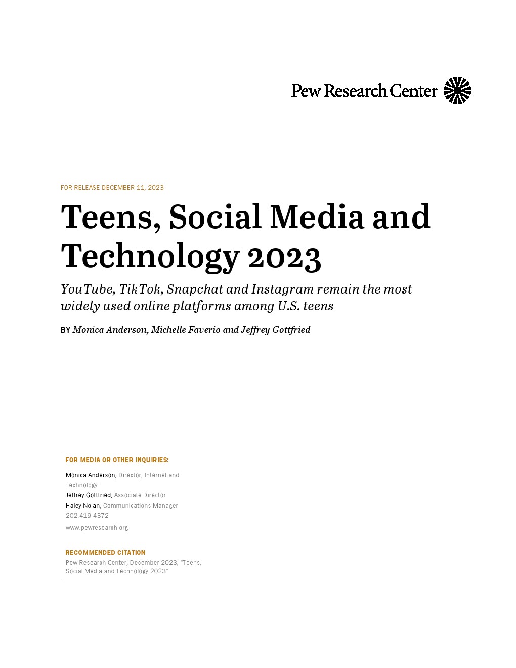 皮尤研究中心：2023年青少年、社交媒体和技术调查报告