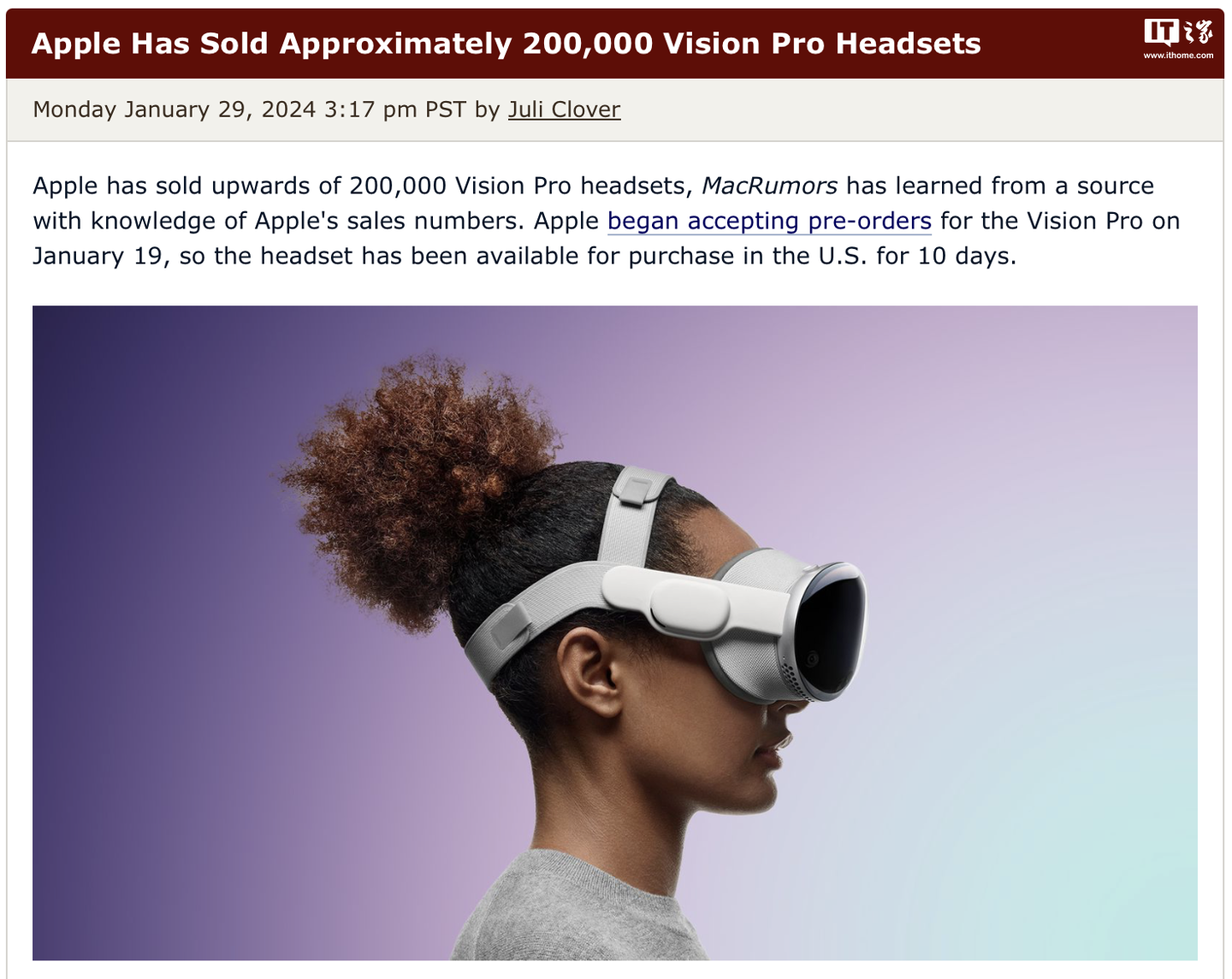 消息称苹果已在美预售超过 20 万台 Vision Pro 头显，获 6.998 亿美元收入
