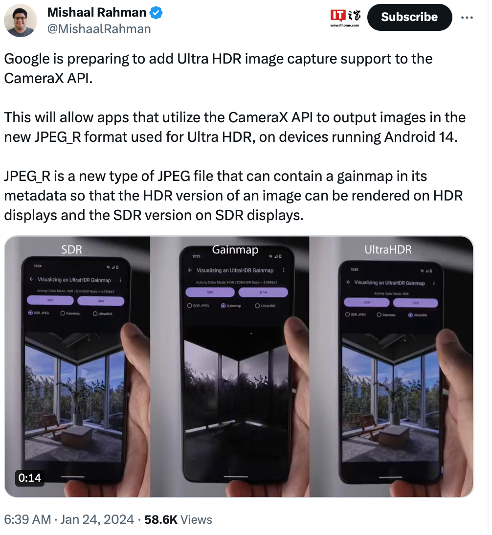 谷歌有望开放 Ultra HDR 格式支持，允许第三方安卓 App 拍摄高动态范围照片