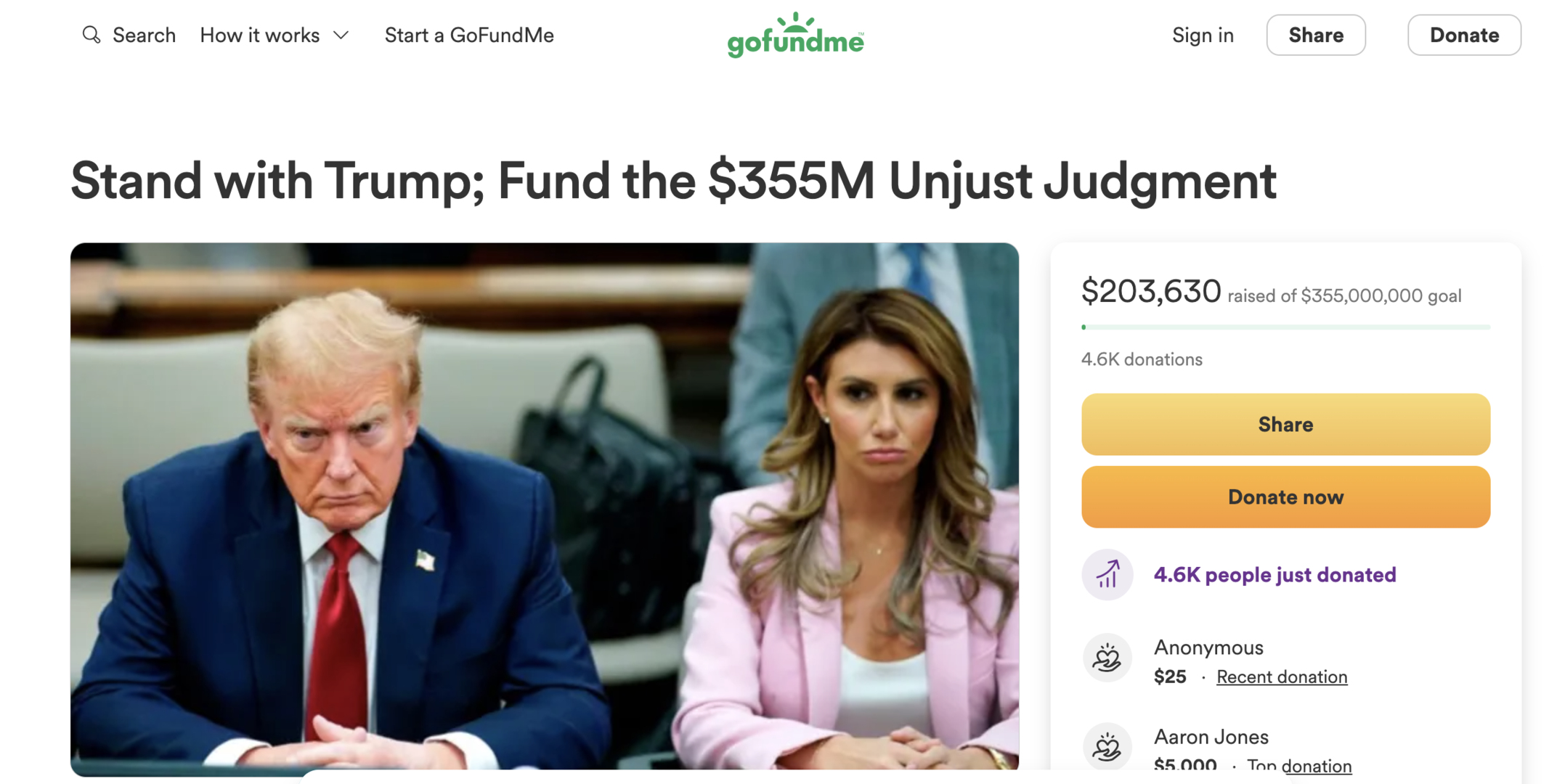 ▲特朗普的支持者在筹款网站GoFundMe上为其发起筹款活动