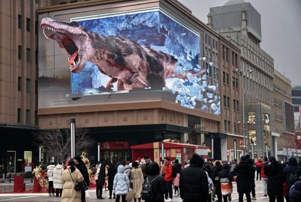   市民在北京王府井商业街观看裸眼3D大屏幕的动画（2024年2月2日摄）。新华社记者 李欣 摄