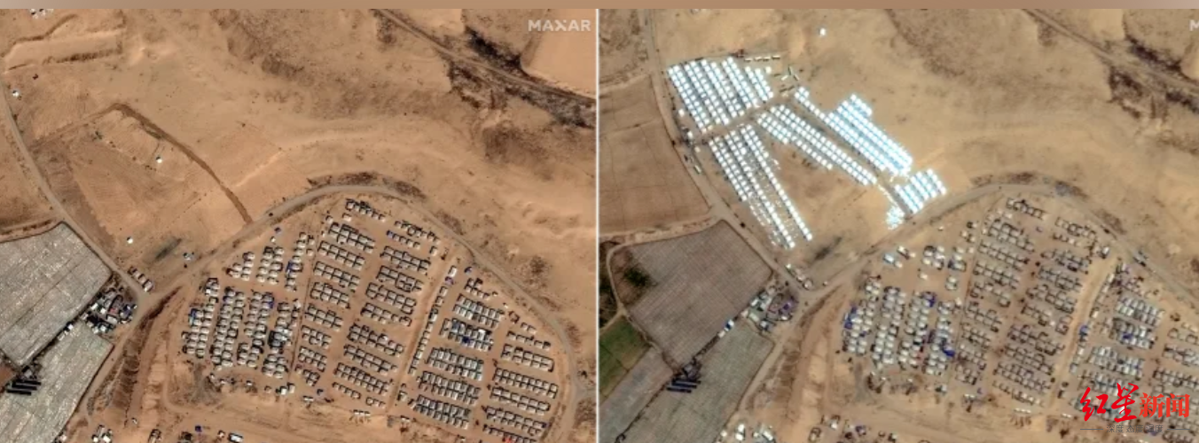 ▲汗尤尼斯附近一处避难营4月7日（左）与23日（右）的卫星图显示，当地似乎正在修建新的帐篷营地。