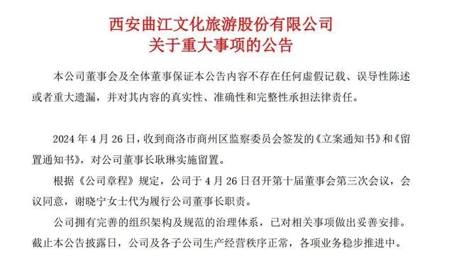 曲江文旅公告称董事长耿琳被实施留置 其曾主导西安大唐不夜城管理运营团队