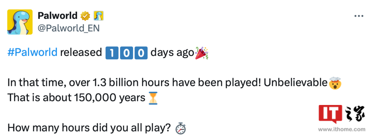 《幻兽帕鲁》游戏发售一百天，玩家游戏总时长已超 13 亿小时