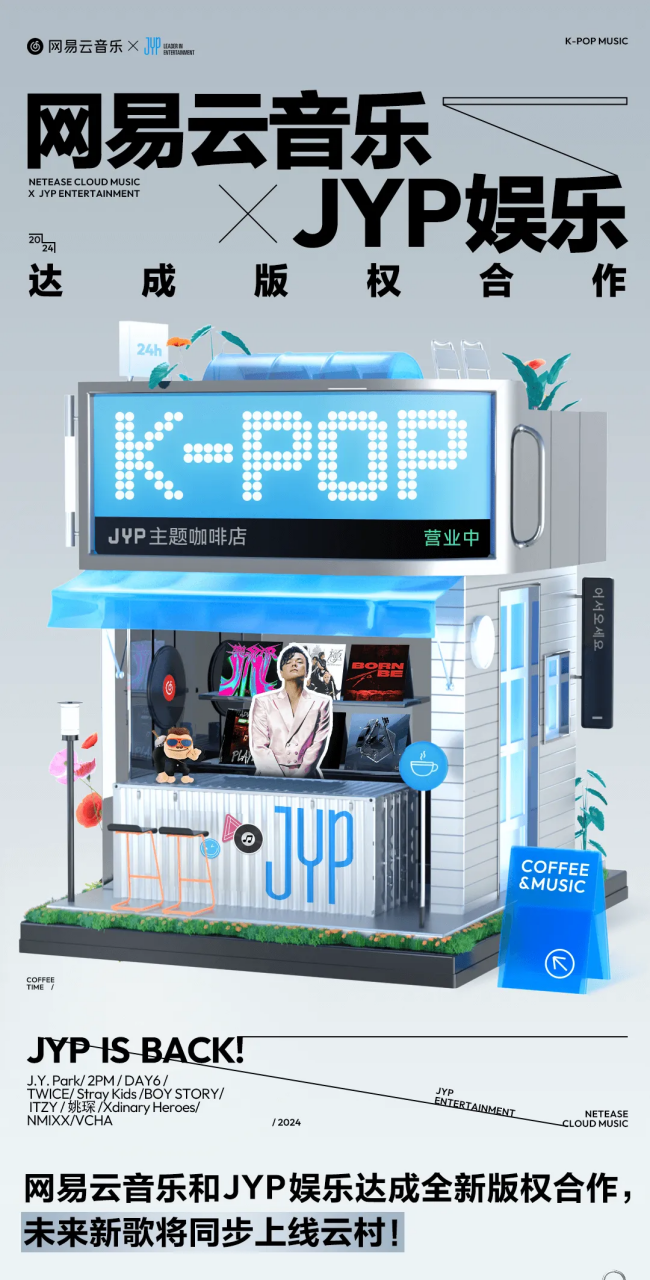 网易云音乐与韩国 JYP 娱乐达成版权合作，TWICE、2PM、ITZY 等组合作品回归