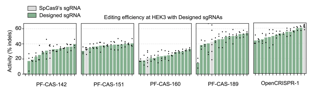 对于测试的 5 种生成的核酸酶中的 4 种，使用模型生成的 sgRNA 提高了编辑效率。