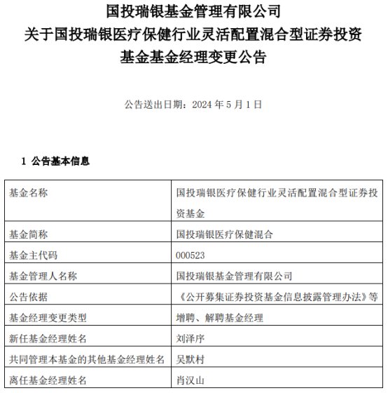 国投瑞银医疗保健混合增聘基金经理刘泽序 肖汉山离任