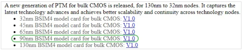 图1。用于体CMOS的PTM 90 nm BSIM4型号卡。图片由亚利桑那州立大学提供