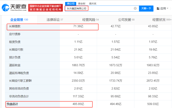 东方集团有限公司负债情况，图源：天眼查